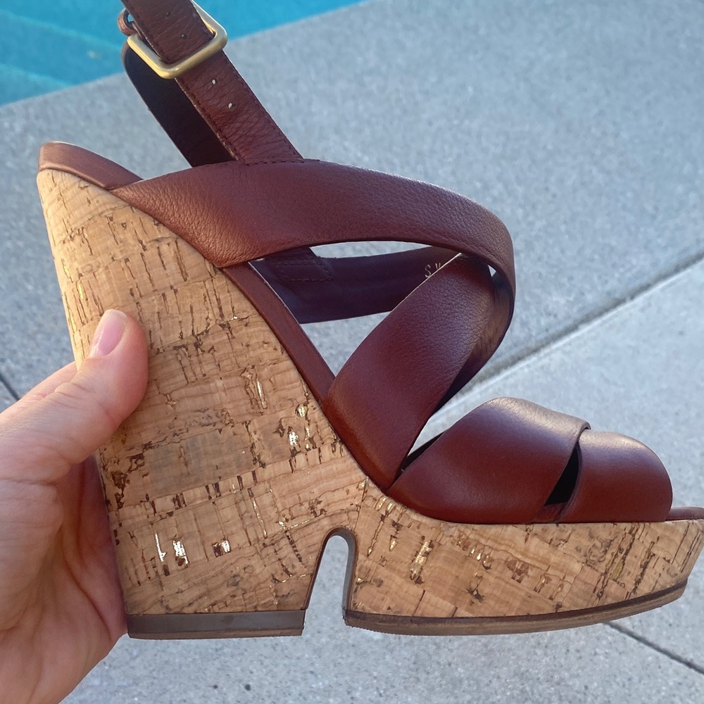 Saint Laurent Cognac Leather Cork Wedge Sandals - Picture 4 of 7